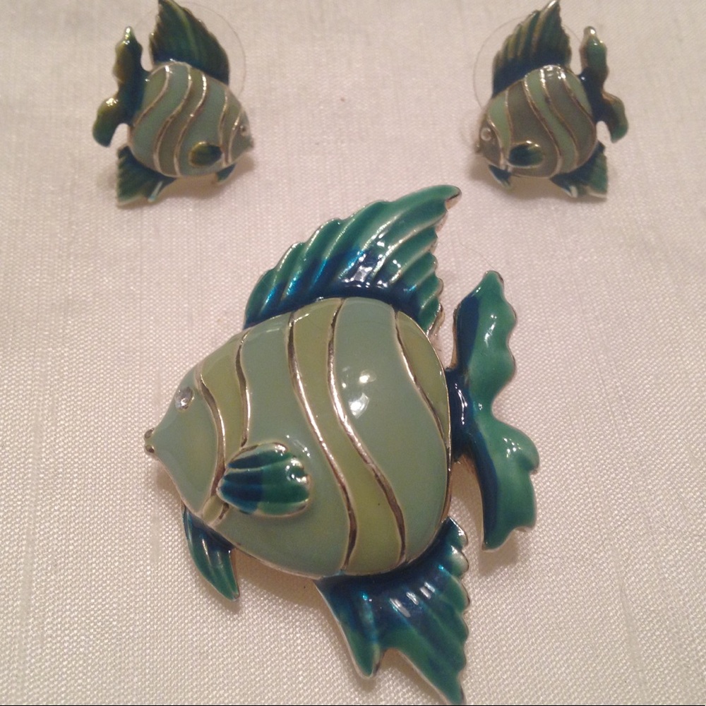 Enamel Fish Pin and Earring Set
